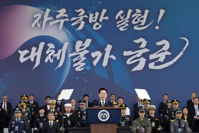 South Korean President Lee Jae Myung delivers a speech during the 78th Armed Forces Day at a military base in Gyeryong on October 1, 2026. (Photo by JEON HEON-KYUN / POOL / AFP)