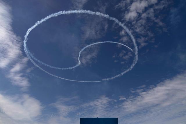 South Korean Air Force aerobatics team 'Black Eagles' performs during the 78th Armed Forces Day at a military base in Gyeryong on October 1, 2026. (Photo by JEON HEON-KYUN / POOL / AFP)