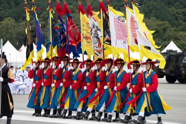 South Korean Army soldiers participate in the 78th Armed Forces Day at a military base in Gyeryong on October 1, 2026. (Photo by JEON HEON-KYUN / POOL / AFP)