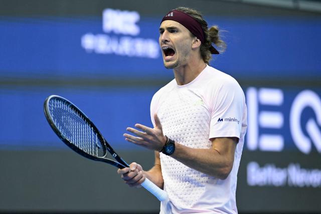 Germany's Alexander Zverev reacts during the men's singles first round tennis match against Britain's Cameron Norrie at the China Open tennis tournament in Beijing on October 1, 2026. (Photo by WANG Zhao / AFP)