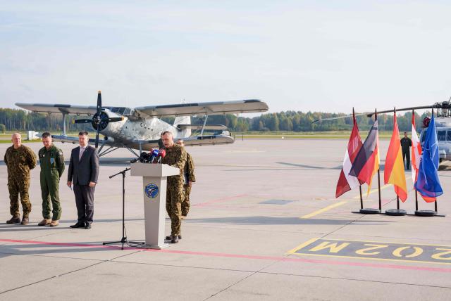 Latvian Air Force Commander Colonel Edmunds Svencs gives a speech during the NATO Media day at Lielvarde Air Base in Lielvarde, Latvia, on October 1, 2026, before the upcoming parliamentary elections. Latvia goes to the polls for parliamentary elections on October 3, 2026, as the war in Ukraine drags into its fifth year. (Photo by Gints Ivuskans / AFP)