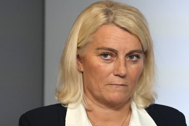 France's Health Minister Stephanie Rist reacts during a press conference following the weekly cabinet meeting (Conseil des ministres) during which the 2027 state draft budget (PLF) and social security financing bill (PLFSS) for 2027 were presented, in Paris, on October 1, 2026. (Photo by Ludovic MARIN / AFP)