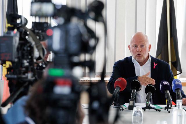 Belgian Minister of Climate and Mobility Jean-Luc Crucke speaks during a press conference on flights over Brussels, in Brussels on October 1, 2026. (Photo by NICOLAS MAETERLINCK / Belga / AFP) / Belgium OUT