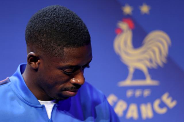 France's national football team forward #07 Ousmane Dembele arrives for a press conference on the eve of their UEFA Nations League football match against Italy, at the Stade de France stadium in Saint-Denis, near Paris, on October 1, 2026. (Photo by FRANCK FIFE / AFP)