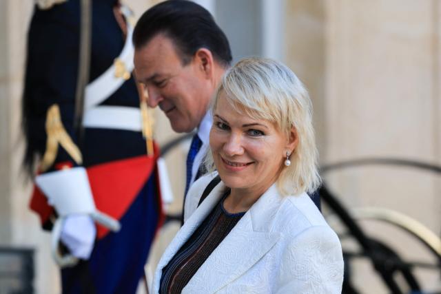 Russian-born Swiss billionaire businesswoman, chairperson of the Louis-Dreyfus Group Margarita Louis-Dreyfus arrives ahead of a meeting between France's President and Argentina's President at the Elysee Presidential Palace in Paris on October 1, 2026.  (Photo by Ludovic MARIN / AFP)