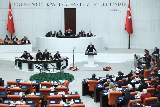 Turkish President Recep Tayyip Erdogan addresses Turkish members of parliament during the opening of the parliamentary session at the Grand National Assembly of Turkey (TBMM) in Ankara, on October 1, 2026. (Photo by ADEM ALTAN / AFP)