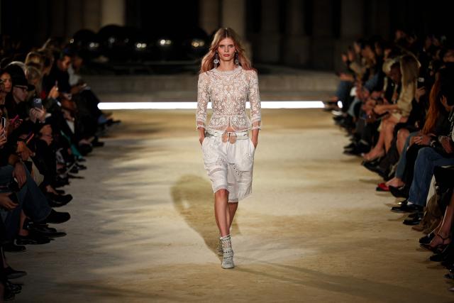 A model presents a creation for Isabel Marant Women's Spring/Summer 2027 collection fashion show as part of the Paris Fashion Week, in Paris on October 1, 2026. (Photo by SIMON WOHLFAHRT / AFP)