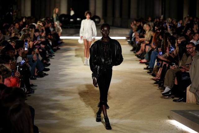 Canadian model Awar Odhiang presents a creation for Isabel Marant Women's Spring/Summer 2027 collection fashion show as part of the Paris Fashion Week, in Paris on October 1, 2026. (Photo by SIMON WOHLFAHRT / AFP)