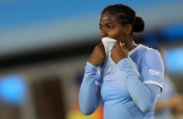 Manchester City's Jamaican striker #09 Khadija Shaw reacts after the UEFA Champions League League Stage football match between Manchester City and Real Madrid at the Joie Stadium in Manchester, north west England, on October 1, 2026. (Photo by Darren Staples / AFP)