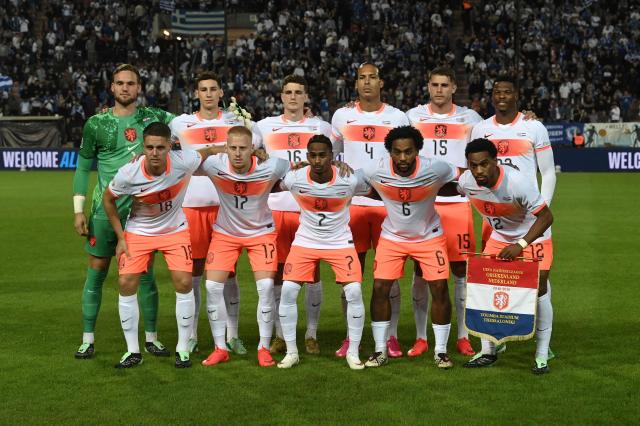 The Netherlands' players pose for a team photograph ahead of the UEFA Nations League Group A2 football match between Greece and The Netherlands at the Toumba Stadium in Thessaloniki on October 1, 2026. (Photo by Sakis Mitrolidis / AFP)