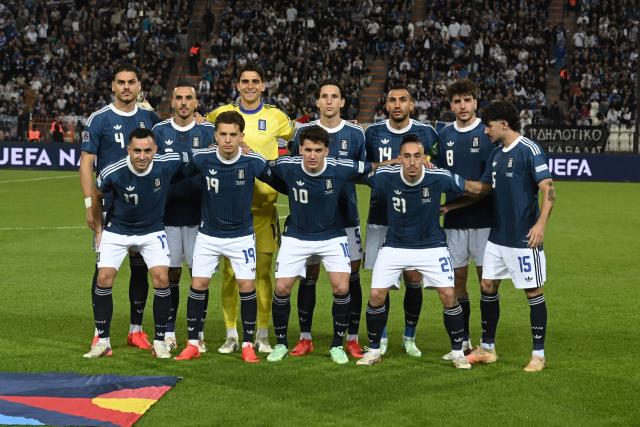 Greece's players pose for a team photograph ahead of the UEFA Nations League Group A2 football match between Greece and The Netherlands at the Toumba Stadium in Thessaloniki on October 1, 2026. (Photo by Sakis Mitrolidis / AFP)