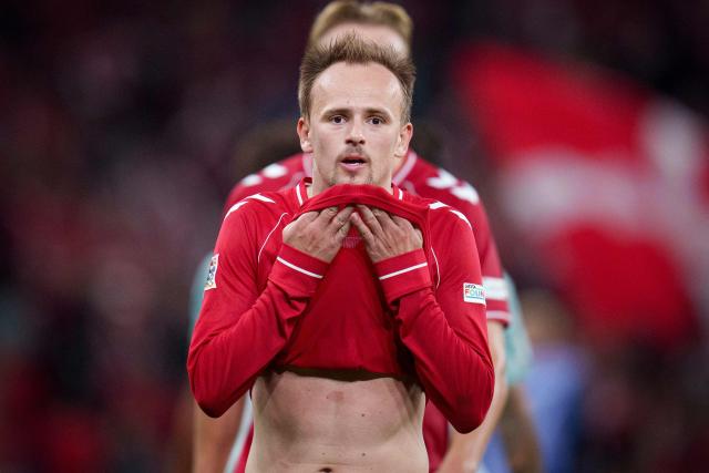 Denmark's midfielder #14 Mikkel Damsgaard reacts during the UEFA Nations League Group A4 match between Denmark and Portugal at Parken stadium in Copenhagen on October 1, 2026. (Photo by Liselotte Sabroe / Ritzau Scanpix / AFP) / Denmark OUT