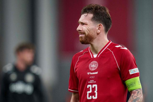 Denmark's midfielder #23 Pierre-Emile Hojbjerg reacts at the end of the UEFA Nations League Group A4 match between Denmark and Portugal at Parken stadium in Copenhagen on October 1, 2026. (Photo by Liselotte Sabroe / Ritzau Scanpix / AFP) / Denmark OUT