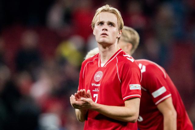 Denmark's midfielder #07 Victor Froholdt reacts at the end of the UEFA Nations League Group A4 match between Denmark and Portugal at Parken stadium in Copenhagen on October 1, 2026. (Photo by Sebastian Elias Uth / Ritzau Scanpix / AFP) / Denmark OUT