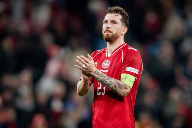 Denmark's midfielder #23 Pierre-Emile Hojbjerg reacts at the end of the UEFA Nations League Group A4 match between Denmark and Portugal at Parken stadium in Copenhagen on October 1, 2026. (Photo by Sebastian Elias Uth / Ritzau Scanpix / AFP) / Denmark OUT