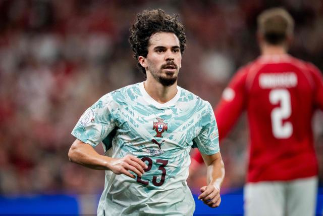 Portugal's midfielder #23 Vitinha runs off the ball during the UEFA Nations League Group A4 match between Denmark and Portugal at Parken stadium in Copenhagen on October 1, 2026. (Photo by Sebastian Elias Uth / Ritzau Scanpix / AFP) / Denmark OUT