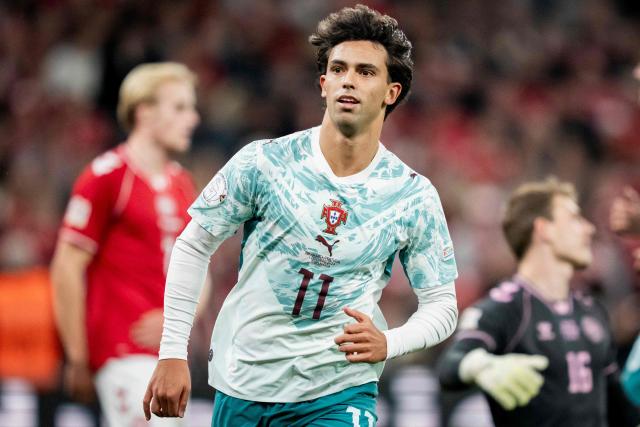 Portugal's forward #11 Joao Felix celebrates after scoring Portugal's fourth goal during the UEFA Nations League Group A4 match between Denmark and Portugal at Parken stadium in Copenhagen on October 1, 2026. (Photo by Sebastian Elias Uth / Ritzau Scanpix / AFP) / Denmark OUT