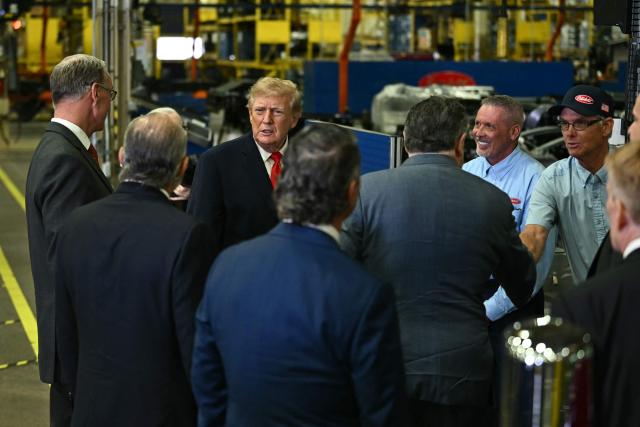 US President Donald Trump speaks as he tours the Peterbilt Motors facility in Denton, Texas, on October 1, 2026. (Photo by Kent NISHIMURA / AFP)