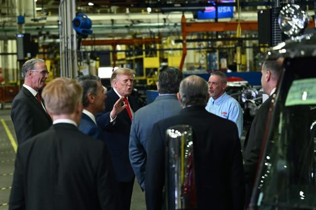 US President Donald Trump speaks as he tours the Peterbilt Motors facility in Denton, Texas, on October 1, 2026. (Photo by Kent NISHIMURA / AFP)