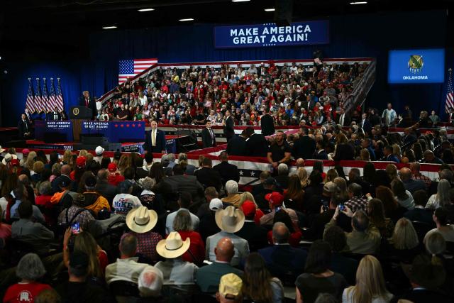 US President Donald Trump speaks during a campaign rally at the Choctaw Event Center in Durant, Oklahoma on October 1, 2026. Trump is campaigning for Republican gubernatorial nominee Mike Mazzei. (Photo by Kent NISHIMURA / AFP)