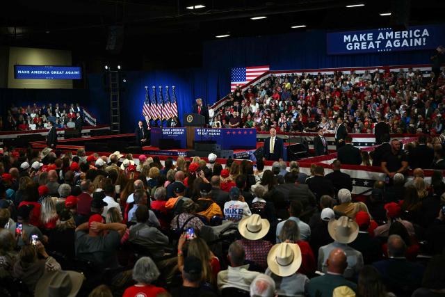 US President Donald Trump speaks during a campaign rally at the Choctaw Event Center in Durant, Oklahoma on October 1, 2026. Trump is campaigning for Republican gubernatorial nominee Mike Mazzei. (Photo by Kent NISHIMURA / AFP)