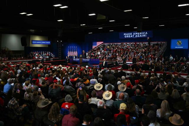US President Donald Trump speaks during a campaign rally at the Choctaw Event Center in Durant, Oklahoma on October 1, 2026. Trump is campaigning for Republican gubernatorial nominee Mike Mazzei. (Photo by Kent NISHIMURA / AFP)