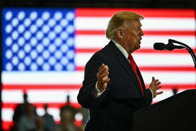 US President Donald Trump speaks during a campaign rally at the Choctaw Event Center in Durant, Oklahoma on October 1, 2026. Trump is campaigning for Republican gubernatorial nominee Mike Mazzei. (Photo by Kent NISHIMURA / AFP)