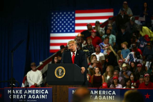 US President Donald Trump speaks during a campaign rally at the Choctaw Event Center in Durant, Oklahoma on October 1, 2026. Trump is campaigning for Republican gubernatorial nominee Mike Mazzei. (Photo by Kent NISHIMURA / AFP)