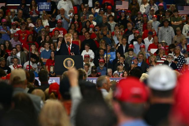 US President Donald Trump speaks during a campaign rally at the Choctaw Event Center in Durant, Oklahoma on October 1, 2026. Trump is campaigning for Republican gubernatorial nominee Mike Mazzei. (Photo by Kent NISHIMURA / AFP)