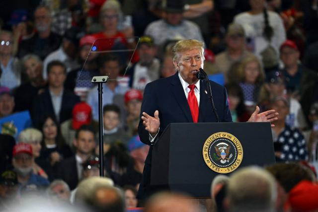 US President Donald Trump speaks during a campaign rally at the Choctaw Event Center in Durant, Oklahoma on October 1, 2026. Trump is campaigning for Republican gubernatorial nominee Mike Mazzei. (Photo by Kent NISHIMURA / AFP)