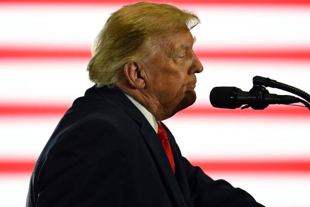 US President Donald Trump speaks during a campaign rally at the Choctaw Event Center in Durant, Oklahoma on October 1, 2026. Trump is campaigning for Republican gubernatorial nominee Mike Mazzei. (Photo by Kent NISHIMURA / AFP)