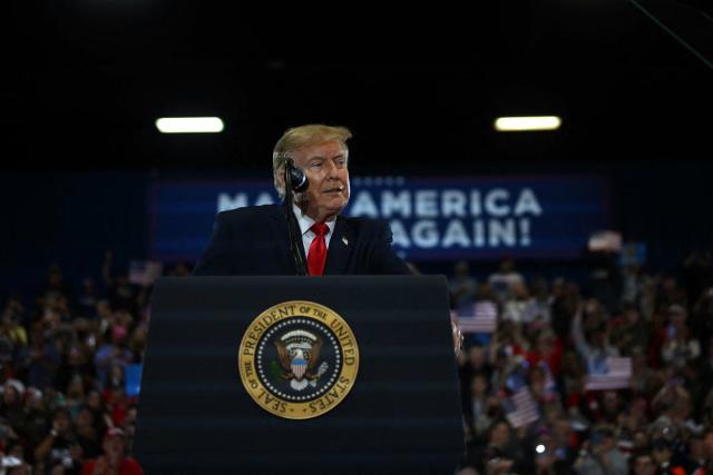 US President Donald Trump speaks during a campaign rally at the Choctaw Event Center in Durant, Oklahoma on October 1, 2026. Trump is campaigning for Republican gubernatorial nominee Mike Mazzei. (Photo by Kent NISHIMURA / AFP)
