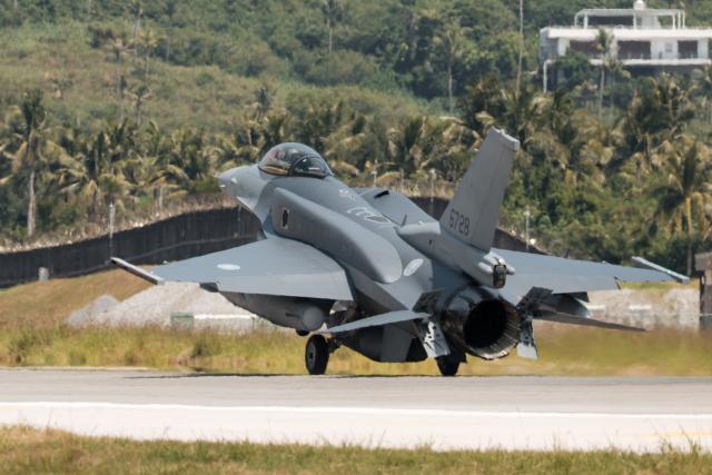 A newly purchased F-16V Block 70 fighter jet lands at Chihhang Air Base in Taitung on October 2, 2026. Taiwan received its first two US-made F-16V fighter jets, as the island democracy upgrades its military capabilities to deter a potential Chinese attack. The warplanes are part of an $8 billion deal for 66 F-16Vs approved during US President Donald Trump's first term and scheduled for delivery this year. (Photo by CHENG Yu-chen / AFP)