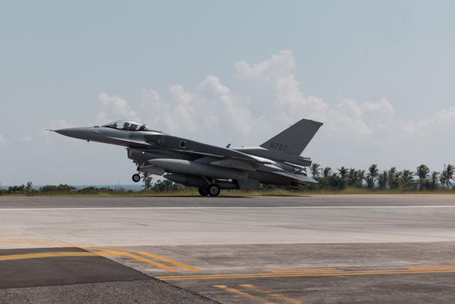 A newly purchased F-16V Block 70 fighter jet lands at Chihhang Air Base in Taitung on October 2, 2026. Taiwan received its first two US-made F-16V fighter jets, as the island democracy upgrades its military capabilities to deter a potential Chinese attack. The warplanes are part of an $8 billion deal for 66 F-16Vs approved during US President Donald Trump's first term and scheduled for delivery this year. (Photo by CHENG Yu-chen / AFP)