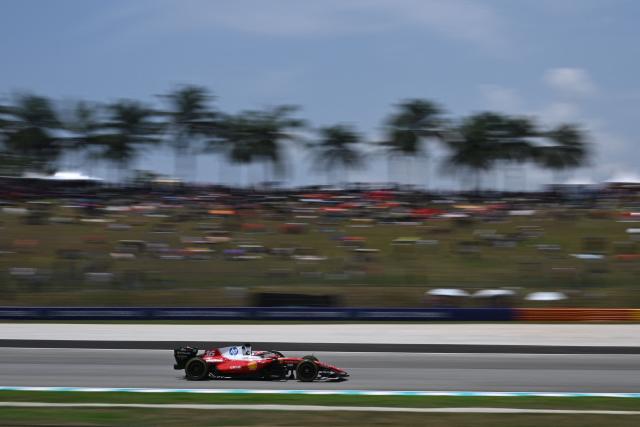 Ferrari's Monegasque driver Charles Leclerc steers his car during the first practice session ahead of the Formula One Bahrain Grand Prix in Sepang on October 2, 2026. (Photo by JADE GAO / AFP)