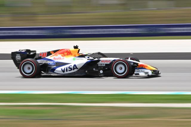 Racing Bulls' British driver Arvid Lindblad steers his car during the first practice session ahead of the Formula One Bahrain Grand Prix in Sepang on October 2, 2026. (Photo by Jade Gao / AFP)