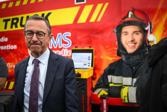 Right wing party Les Republicains (LR) candidate in France's 2027 presidential election Bruno Retailleau visit the World Rescue and Protection Congress, organised by the National Federation of French Firefighters, in La Roche-Sur-Foron, central-eastern France, on October 2, 2026. (Photo by OLIVIER CHASSIGNOLE / AFP)