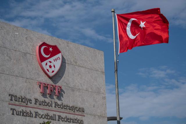 (FILES) This picture taken on May 6, 2020 in Istanbul shows a logo of Turkish Football Federation (TFF) at the entrance of the organization's headquarters. The head of Turkey's football refereeing body and six others were to appear in court on October 2, 2026, three days after being detained as part of a graft investigation, media reports said. Ferhat Gundogdu and his vice-president were detained alongside five others on Tuesday as part of a probe into allegations of top-level manipulation of the referee administration process. (Photo by Ozan KOSE / AFP)
