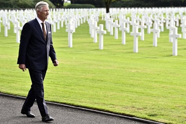 King Philippe of Belgium attends a World War II Commemoration at the American Military Cemetery in Henri-Chapelle, Plombieres, on October 2, 2026. The ceremony pays tribute to the American veterans in attendance and to their fallen comrades-in-arms. (Photo by ERIC LALMAND / Belga / AFP) / Belgium OUT