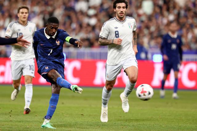 France's forward #07 Ousmane Dembele takes a shot during the UEFA Nations League, league A day 3: Group 1, football match between France and Italy at the Stade de France stadium in Saint-Denis, near Paris, on October 2, 2026. (Photo by FRANCK FIFE / AFP)