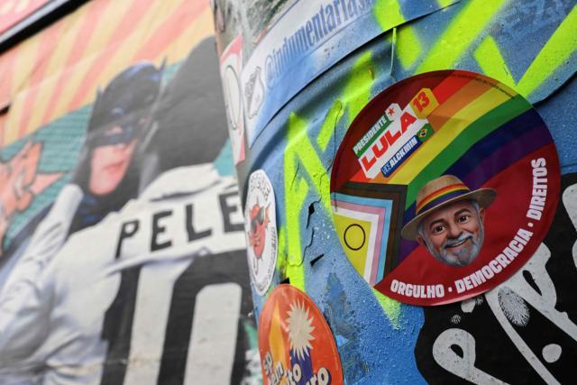 A campaign sticker with an image depicting Brazil's President and presidential candidate Luiz Inacio Lula da Silva is seen at Beco do Batman in Sao Paulo, Brazil on October 2, 2026. (Photo by Luis ROBAYO / AFP)