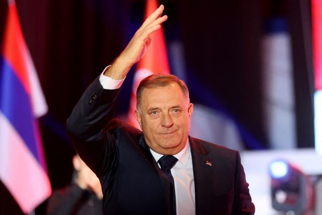 Former Republika Srpska President and leader of the Alliance of Independent Social Democrats (SNSD) Milorad Dodik attends the party's final pre-election rally in Banja Luka, Bosnia and Herzegovina, on October 2, 2026, ahead of the country's general elections on October 4. Bosnia votes in general elections on October 4, 2026 after years of political turmoil and stalled reforms, with rival parties campaigning on ethnic divisions rooted in its 1990s war. Voters will elect a dizzying number of officials across multiple tiers of government, in a complex system that has held the partitioned country together since the 1995 peace deal. Its key race will be for the tripartite presidency, split between Bosnian Muslims or Bosniaks, and the Serb and Croat ethnic groups, with frontrunners pitting visions of a united country against greater autonomy for its entities. (Photo by AFP)