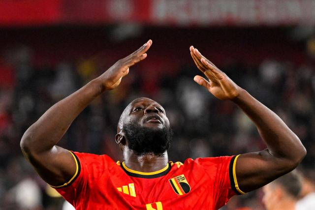 Belgium's forward #09 Romelu Lukaku celebrates after scoring his team third goal during the UEFA Nations League, League A - Group 1, football match between Belgium and Turkey at the Maurice Dufrasne stadium, in Liege, eastern Belgium on October 2, 2026. (Photo by JOHN THYS / AFP)