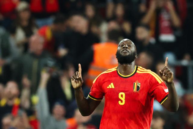 Belgium's forward #09 Romelu Lukaku celebrates after scoring his team third goal during the UEFA Nations League, League A - Group 1, football match between Belgium and Turkey at the Maurice Dufrasne stadium, in Liege, eastern Belgium on October 2, 2026. (Photo by BRUNO FAHY / BELGA / AFP) / Belgium OUT