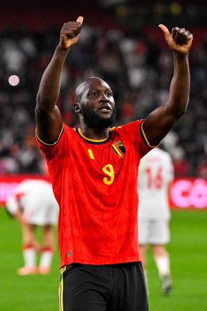 Belgium's forward #09 Romelu Lukaku celebrates after scoring his team third goal during the UEFA Nations League, League A - Group 1, football match between Belgium and Turkey at the Maurice Dufrasne stadium, in Liege, eastern Belgium on October 2, 2026. (Photo by JOHN THYS / AFP)