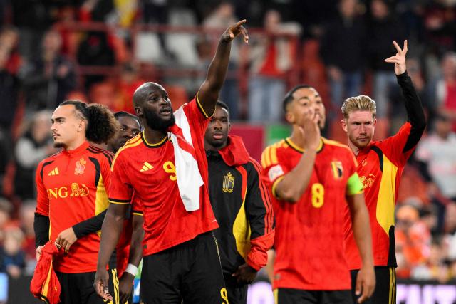 Belgium's forward #09 Romelu Lukaku, Belgium's midfielder #08 Youri Tielemans and Belgium's midfielder #07 Kevin De Bruyne  react at the end of the UEFA Nations League, League A - Group 1, football match between Belgium and Turkey at the Maurice Dufrasne stadium, in Liege, eastern Belgium on October 2, 2026. Belgium wins 3 - 0 against Turkey. (Photo by JOHN THYS / AFP)