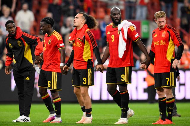 Belgium's midfielder #06 Romeo Lavia, Belgium's defender #03 Arthur Theate, Belgium's forward #09 Romelu Lukaku and Belgium's midfielder #07 Kevin De Bruyne react at the end of the UEFA Nations League, League A - Group 1, football match between Belgium and Turkey at the Maurice Dufrasne stadium, in Liege, eastern Belgium on October 2, 2026. Belgium wins 3 - 0 against Turkey. (Photo by JOHN THYS / AFP)