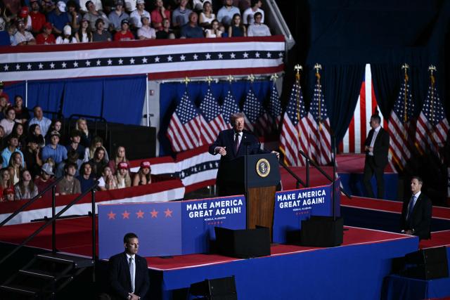 US President Donald Trump speaks during a midterm campaign rally at The Mitchell Center of the University of South Alabama in Mobile, Alabama on October 2, 2026. (Photo by Brendan SMIALOWSKI / AFP)