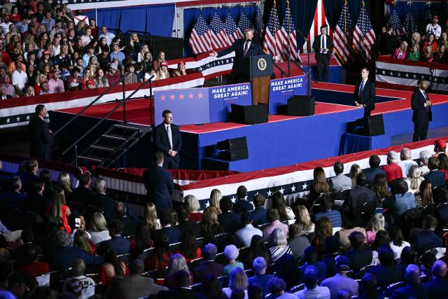 US President Donald Trump speaks during a midterm campaign rally at The Mitchell Center of the University of South Alabama in Mobile, Alabama on October 2, 2026. (Photo by Brendan SMIALOWSKI / AFP)