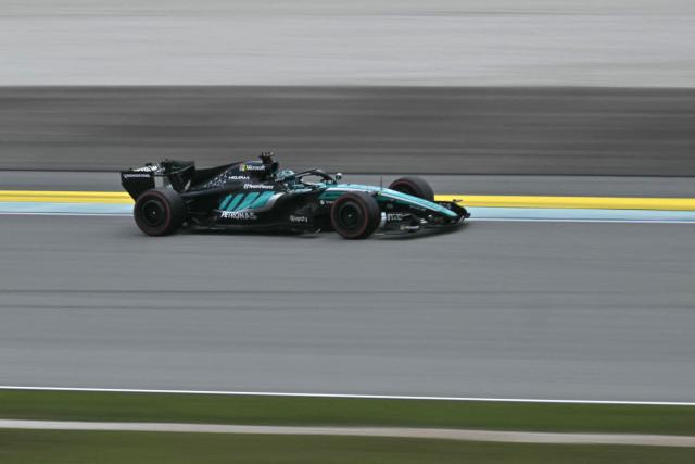 Mercedes' British driver George Russell steers his car during the third practice session ahead of the Formula One Bahrain Grand Prix in Sepang on October 3, 2026. (Photo by Lillian SUWANRUMPHA / AFP)